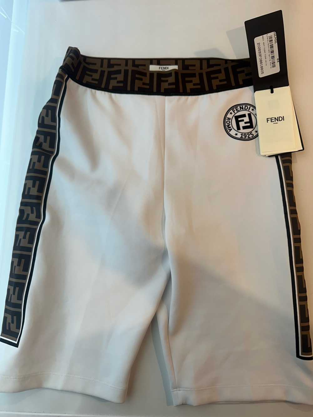 Fendi White Shorts with Brown FF Border and Black Logo M (44)